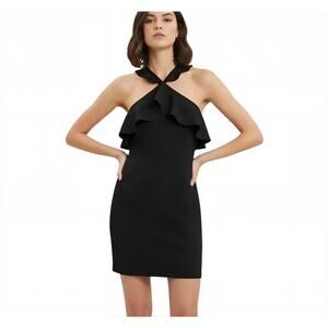 NWT Zara Ruffle Halter Open Back Dress Black Size L Party Wedding Guest